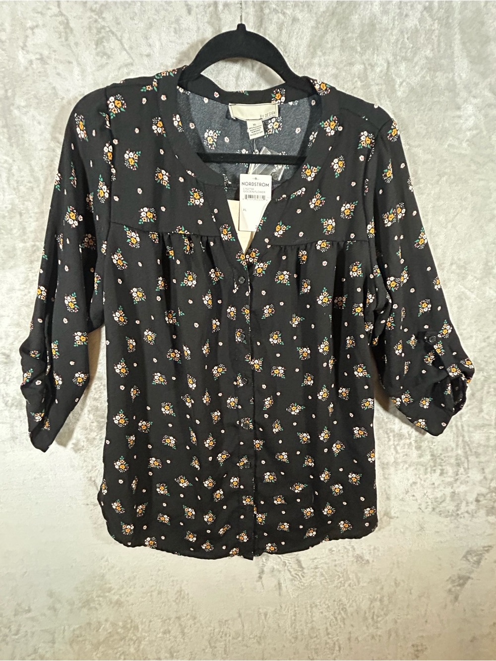 By Design Black Floral Button-Front Blouse with Peach and Pink Blooms
